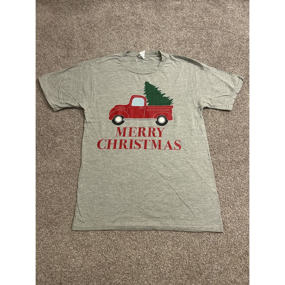 Alstyle Merry Christmas Graphic Tee Small Gray Excellent Red Truck Xmas Shirt